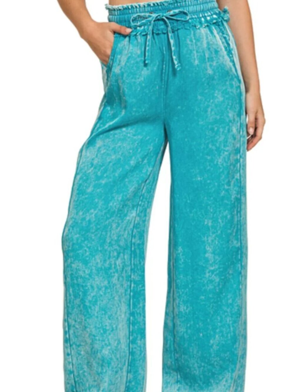Zenana Acid Washed Tencel Pants with Drawstring Turquoise Size Small